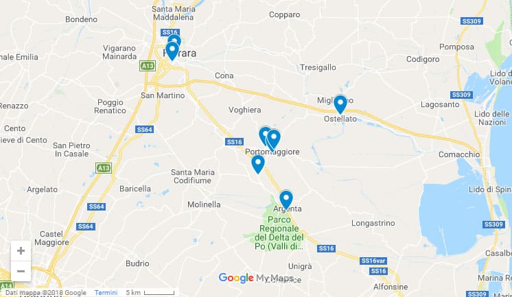 La mappa dei punti di carico dei pullman a Ferrara delle nostre gite organizzate di un giorno